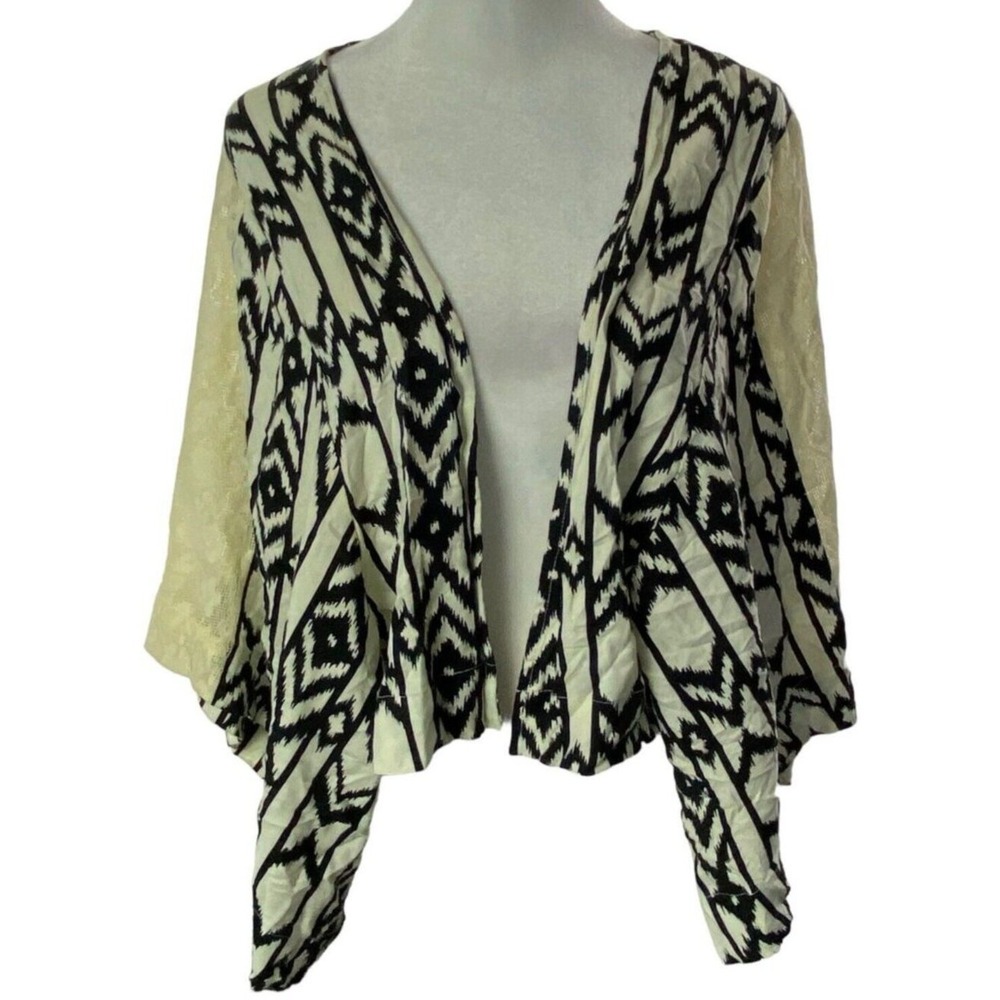 ANAMA Women Open Front Aztec Design Kimono Lace Sleeve Blouse Sz S Black 24-10